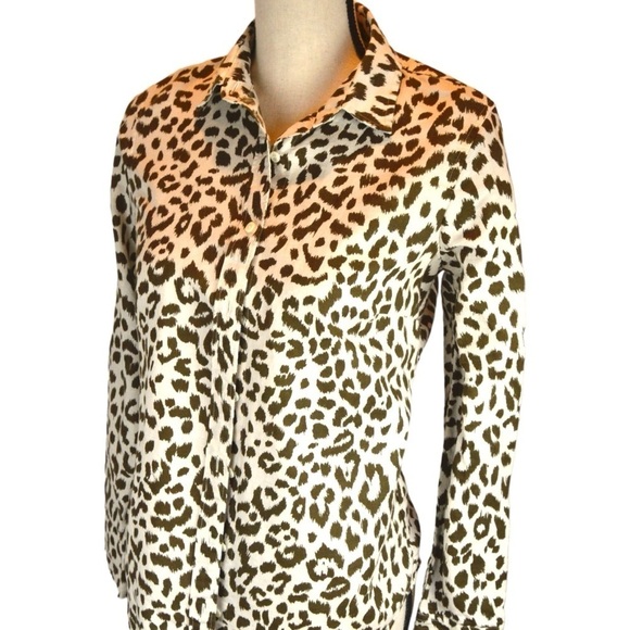 J. Crew Leopard Perfect Shirt Linen Blend Brown Cream G2458 Button Down Size 2 - Picture 1 of 9